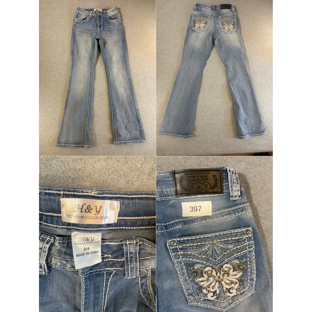 H&Y Premium Collection Womens Bootcut Jeans Light Wash Butterfly Embroidered 3/4